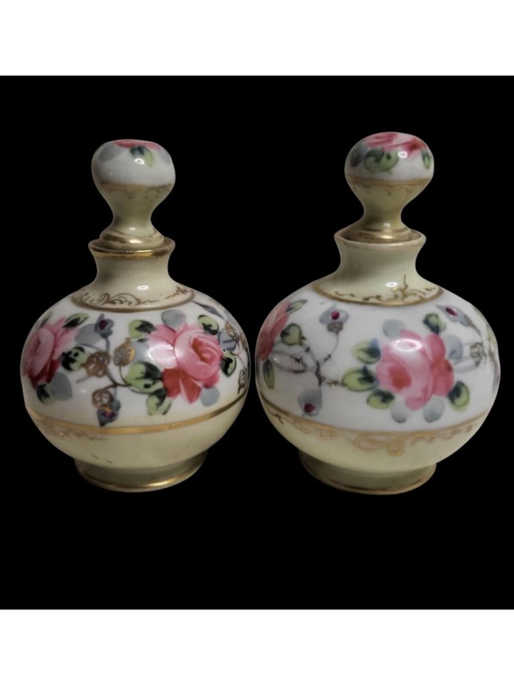 2 Vtg Handpainted Nippon Porcelain Vanity Bottles Pink Roses Floral Decoration